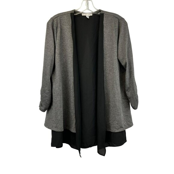 Moa Moa Mixed Media Cardigan Open Front 3/3 Ruched Sleeve Gray/Black Medium - Picture 1 of 8